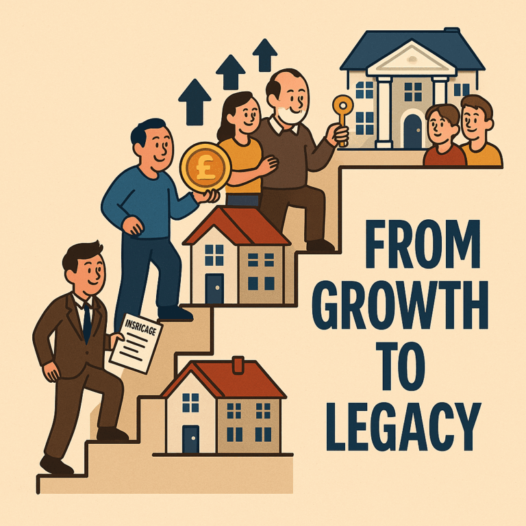 Illustration of the landlord’s journey from growth to legacy, showing three stages of property investment and family succession.