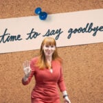 Angela Rayner waves goodbye in front of a note reading "time to say goodbye" after her resignation.