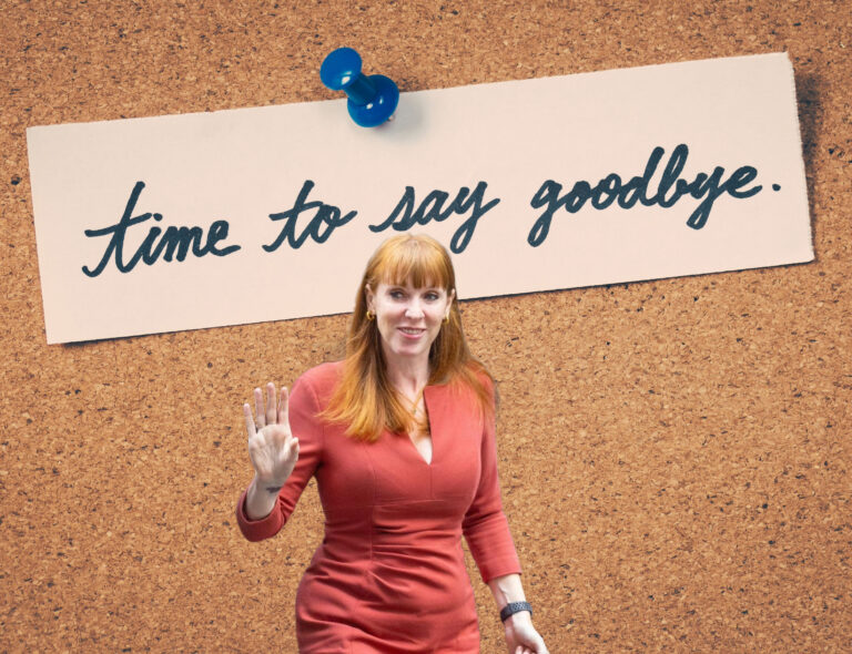 Angela Rayner waves goodbye in front of a note reading "time to say goodbye" after her resignation.