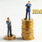 Two businessmen on coin stacks showing income gap between HMO and non-HMO landlords