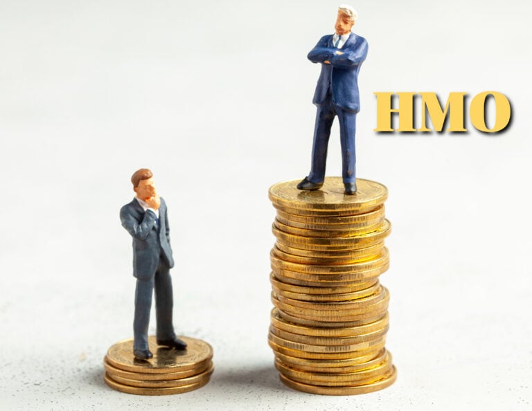 Two businessmen on coin stacks showing income gap between HMO and non-HMO landlords