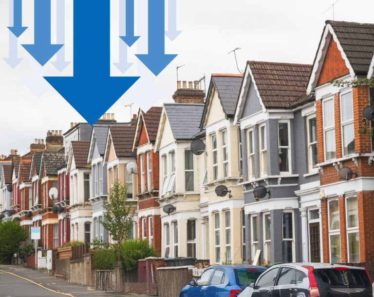 Row of terraced houses with large blue arrows symbolising decline in HMO availability