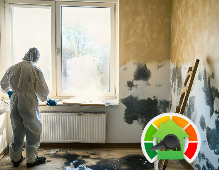 Worker in protective gear removing mould from rental property wall