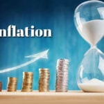 Stacks of coins rising with an arrow and hourglass symbolizing inflation growth over time