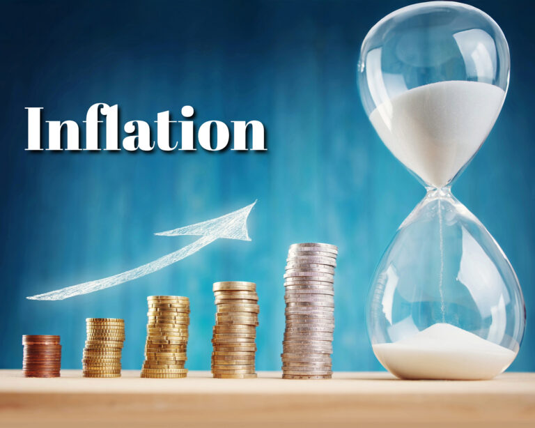 Stacks of coins rising with an arrow and hourglass symbolizing inflation growth over time