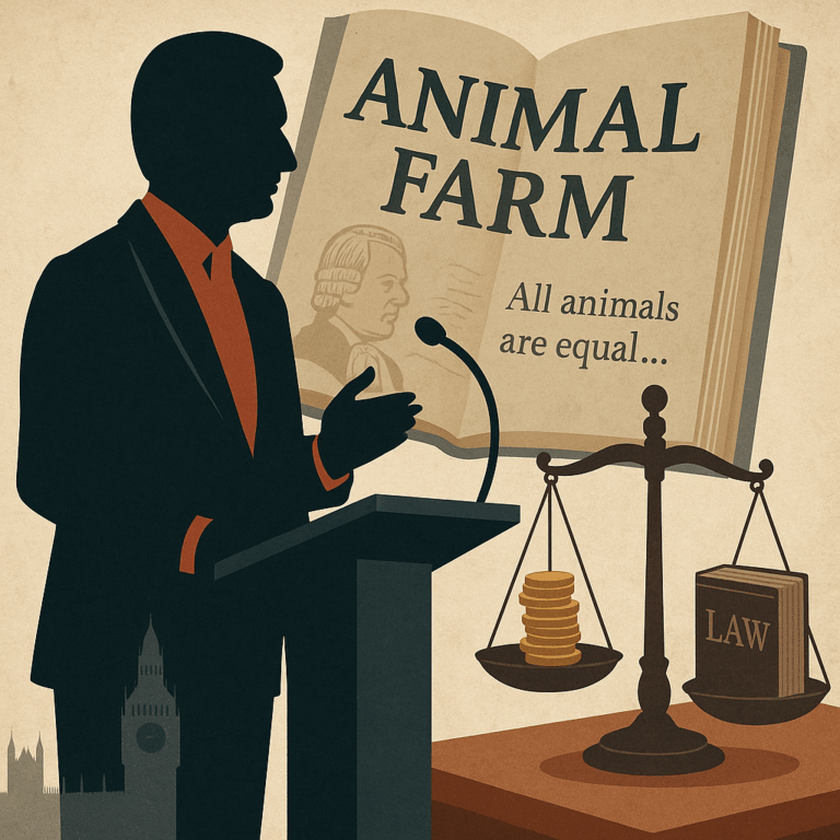 Silhouette of a politician at a podium with Animal Farm book and justice scales, symbolising Keir Starmer’s bespoke pension law.