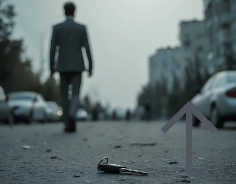 Car key dropped on a road as a man walks away, symbolizing landlords leaving the rental market.