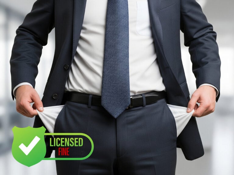 Landlord in suit showing empty pockets to illustrate licensing costs in Lambeth.