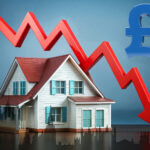 House with falling red price graph and pound symbol, showing UK property market decline.