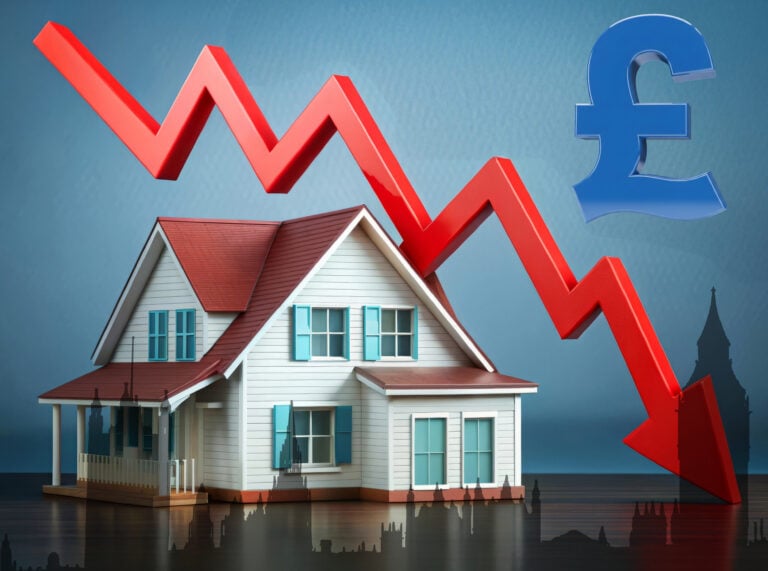 House with falling red price graph and pound symbol, showing UK property market decline.