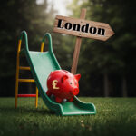 Red piggy bank with pound symbol sliding down a slide under a London sign, symbolising falling property values