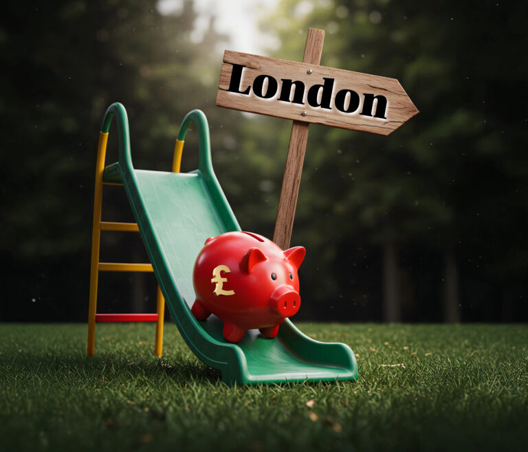Red piggy bank with pound symbol sliding down a slide under a London sign, symbolising falling property values