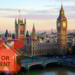 Westminster with Big Ben and crossed-out rental sign symbolizing ban on landlord MPs