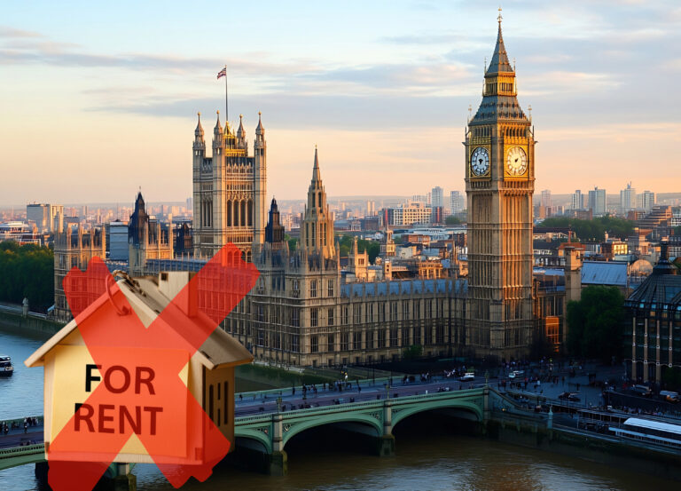 Westminster with Big Ben and crossed-out rental sign symbolizing ban on landlord MPs