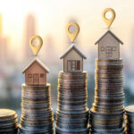 Stacks of coins with house models and location markers symbolizing UK property investment growth