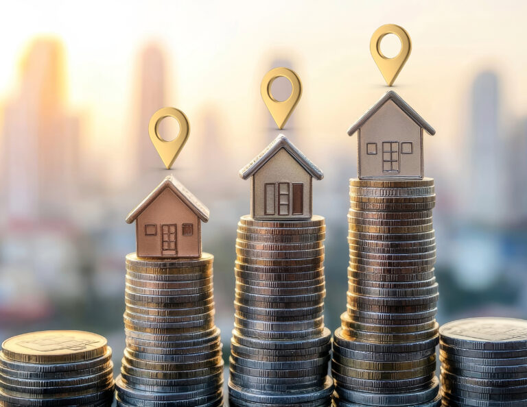Stacks of coins with house models and location markers symbolizing UK property investment growth