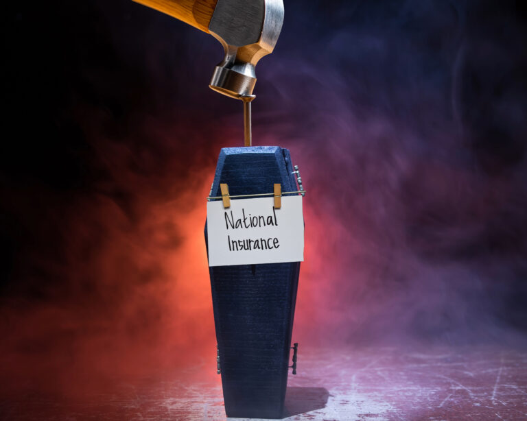 Coffin marked National Insurance with a hammer poised above, symbolising threat to landlords.