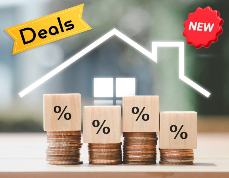 Stacked coins with percentage blocks showing new mortgage and buy-to-let deals