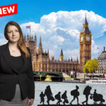 New Homelessness Minister Alison McGovern stands before the Houses of Parliament with refugee silhouettes in the foreground.