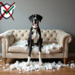 Dog sitting on destroyed sofa with stuffing scattered, symbolizing pet damage concerns for landlords