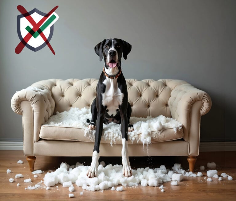 Dog sitting on destroyed sofa with stuffing scattered, symbolizing pet damage concerns for landlords