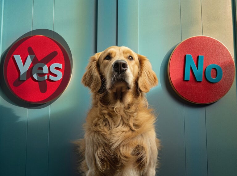 Golden retriever sitting between yes and no signs about pet ownership decisions.