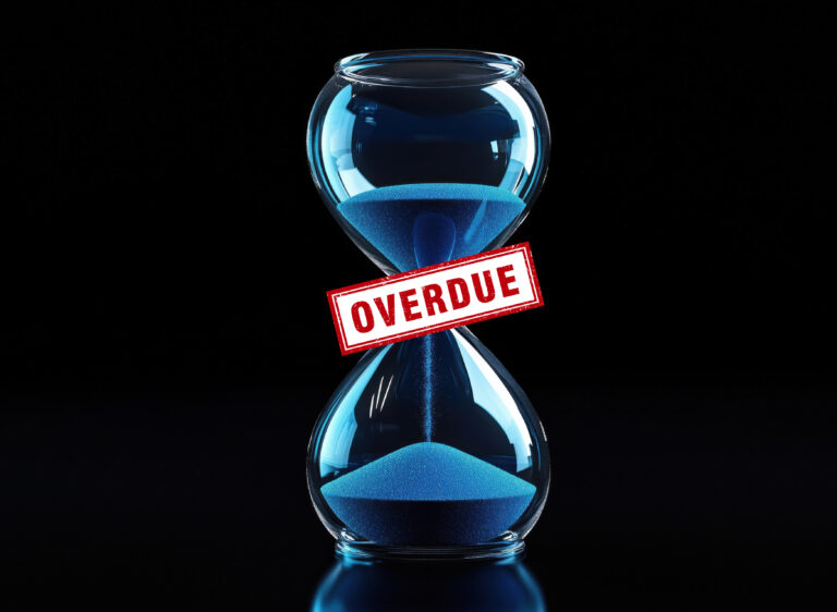 Hourglass with blue sand and overdue stamp symbolizing eviction delays