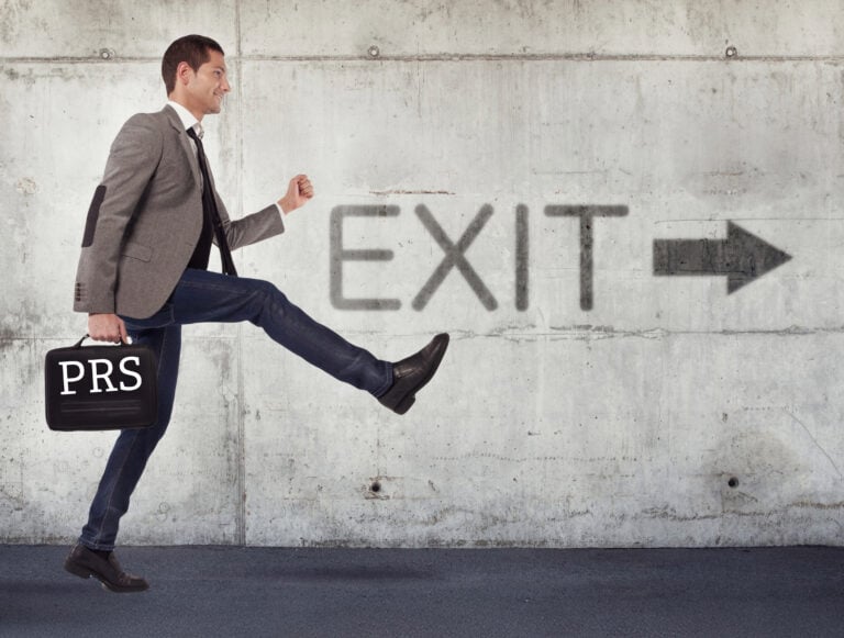Landlord walking away with briefcase marked PRS toward exit sign