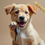Happy puppy holding house keys with welcome sign, symbolizing new pet-friendly rental homes