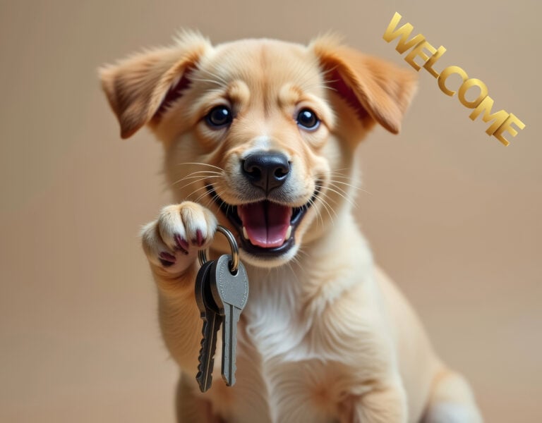Happy puppy holding house keys with welcome sign, symbolizing new pet-friendly rental homes