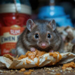 Rat eating food scraps in a cluttered kitchen pantry.