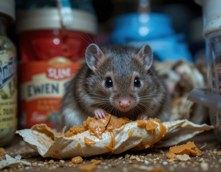 Rat eating food scraps in a cluttered kitchen pantry.