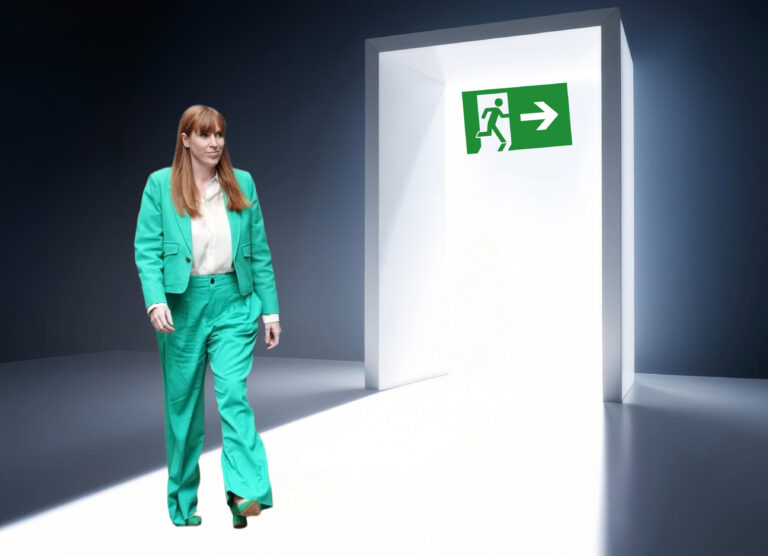 Angela Rayner walking toward an exit doorway after resignation as Housing Secretary