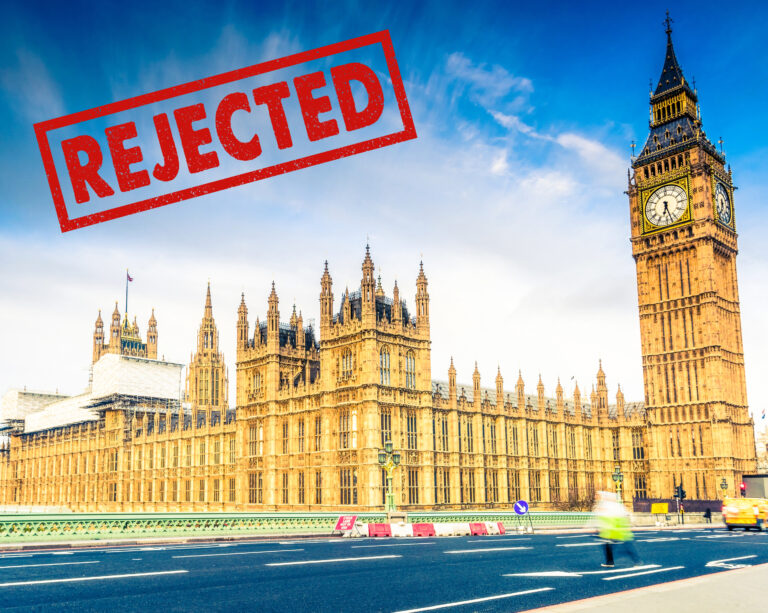Westminster with “Rejected” stamp symbolizing defeat of Renters’ Rights Bill amendments