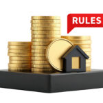 Stacks of gold coins with house model and speech bubble showing rental rules