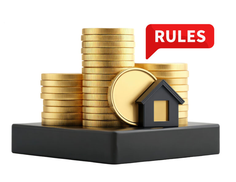 Stacks of gold coins with house model and speech bubble showing rental rules