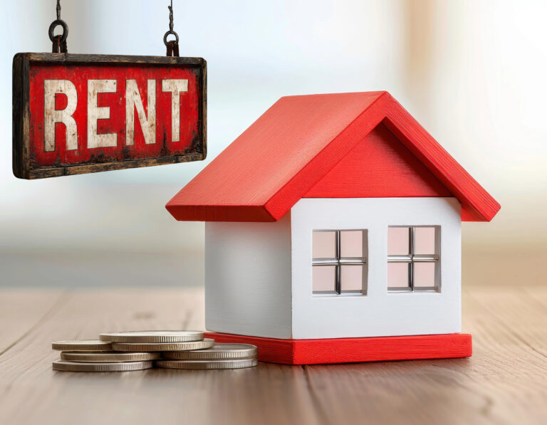 Model house with coins and rent sign symbolizing property rental yields and refinancing challenges