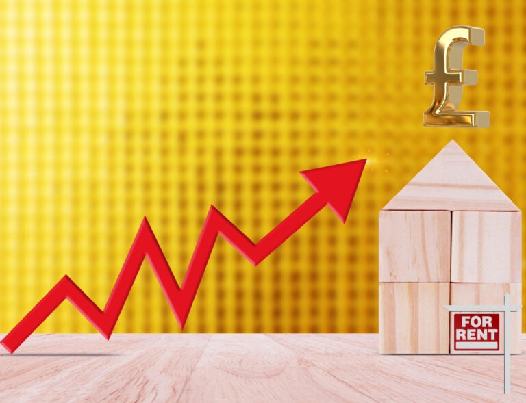 Rising rental costs shown with red arrow, house model, and pound sign