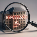 Magnifying glass highlighting repossessed apartment building with legal symbol.
