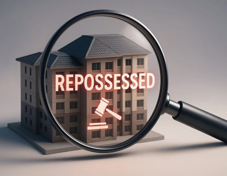 Magnifying glass highlighting repossessed apartment building with legal symbol.