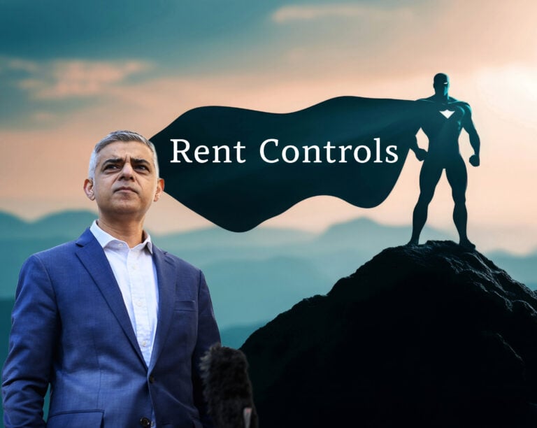 Sadiq Khan with superhero imagery highlighting rent control debate