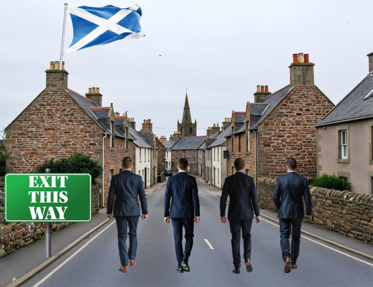Four men in suits walk toward a Scottish town under a flag, symbolizing landlords leaving Scotland.