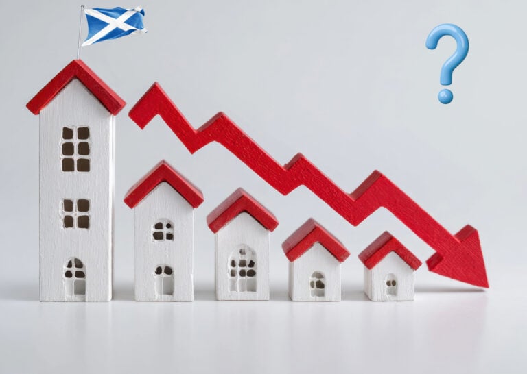 Declining rental housing supply in Scotland shown by falling houses and downward red arrow