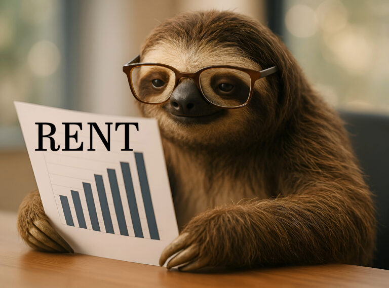 Cartoon sloth wearing glasses reviewing rising rent chart