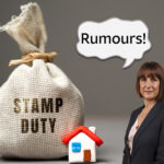 Stamp duty bag and house model with rumours speech bubble and the Chancellor