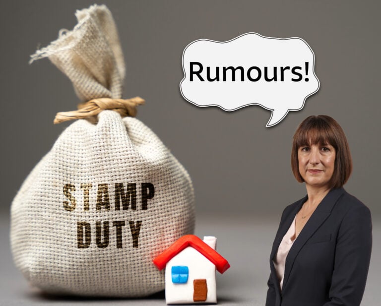 Stamp duty bag and house model with rumours speech bubble and the Chancellor