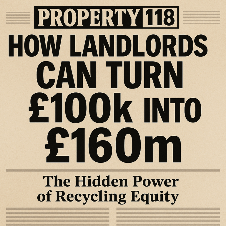 Square newspaper-style graphic with headline “How Landlords Can Turn £100k into £160m” and Property118 branding, promoting the equity recycling and leverage growth article.