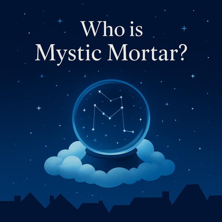 Square image with text “Who is Mystic Mortar?” above a glowing crystal ball floating on a cloud, with silhouetted rooftops and starry midnight sky background.