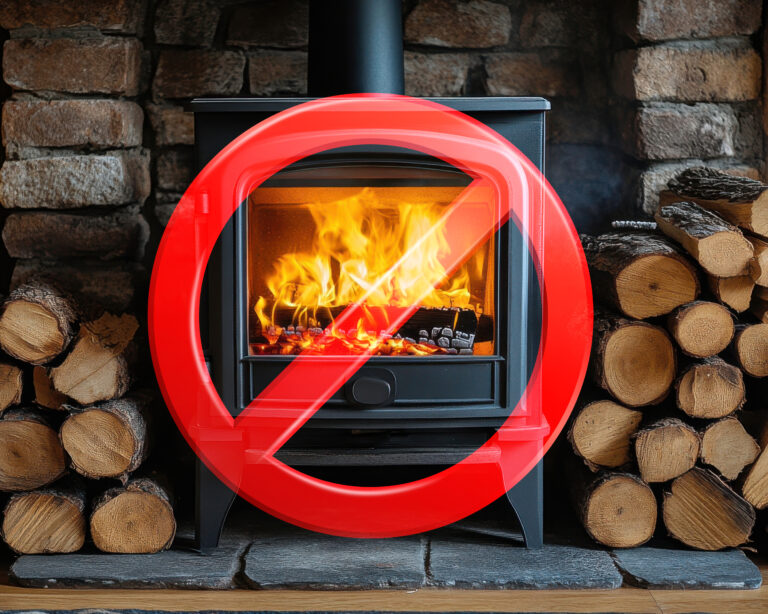 Wood-burning stove with a ban symbol highlighting council restriction