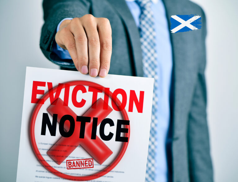 Scottish eviction notice with ban symbol highlighting proposed housing bill amendment.